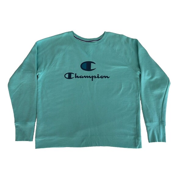 Champion Women's Spell Out Logo Pullover Teal Crew Neck Sweatshirt Size XL - Picture 1 of 5